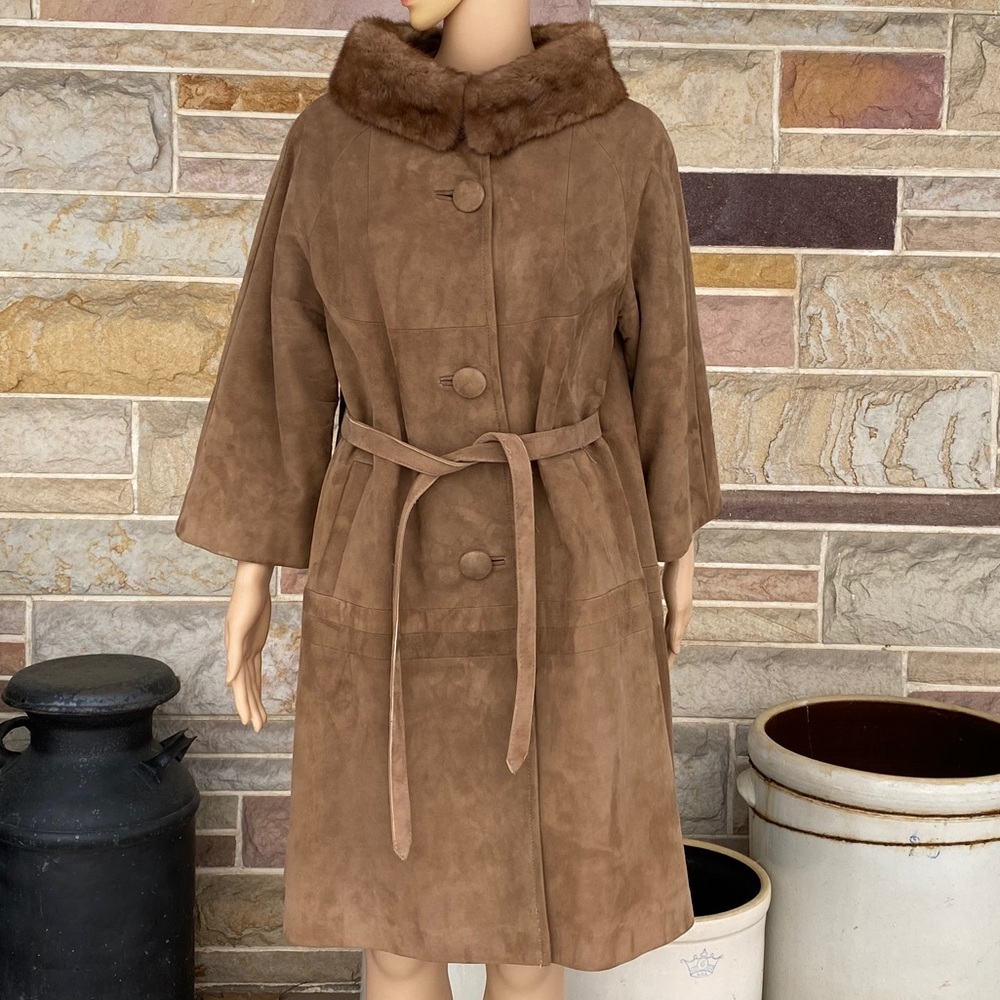Vintage Suede Belted Coat with Rabbit Fur Collar